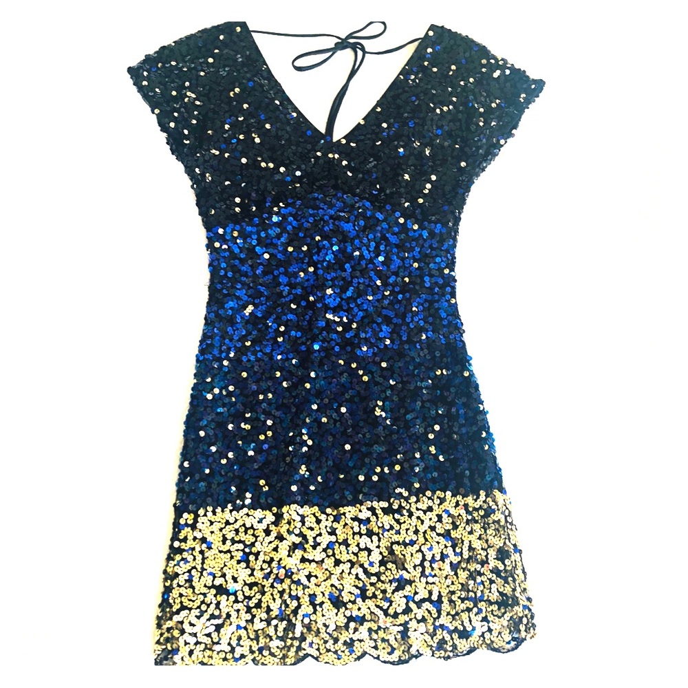MARDI GRAS DRESS! Ombré Sequin Cocktail Dress | Blue Gold | XS